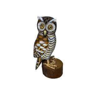 Vintage Wood Owl Figurine On Log Perch Carved Painted Bird